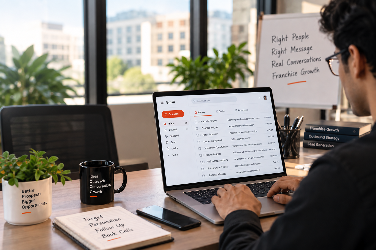 Professional digital marketing workspace used for franchise cold email outreach