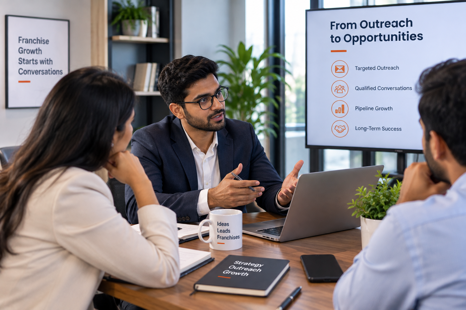 Business professionals discussing strategy during a meeting